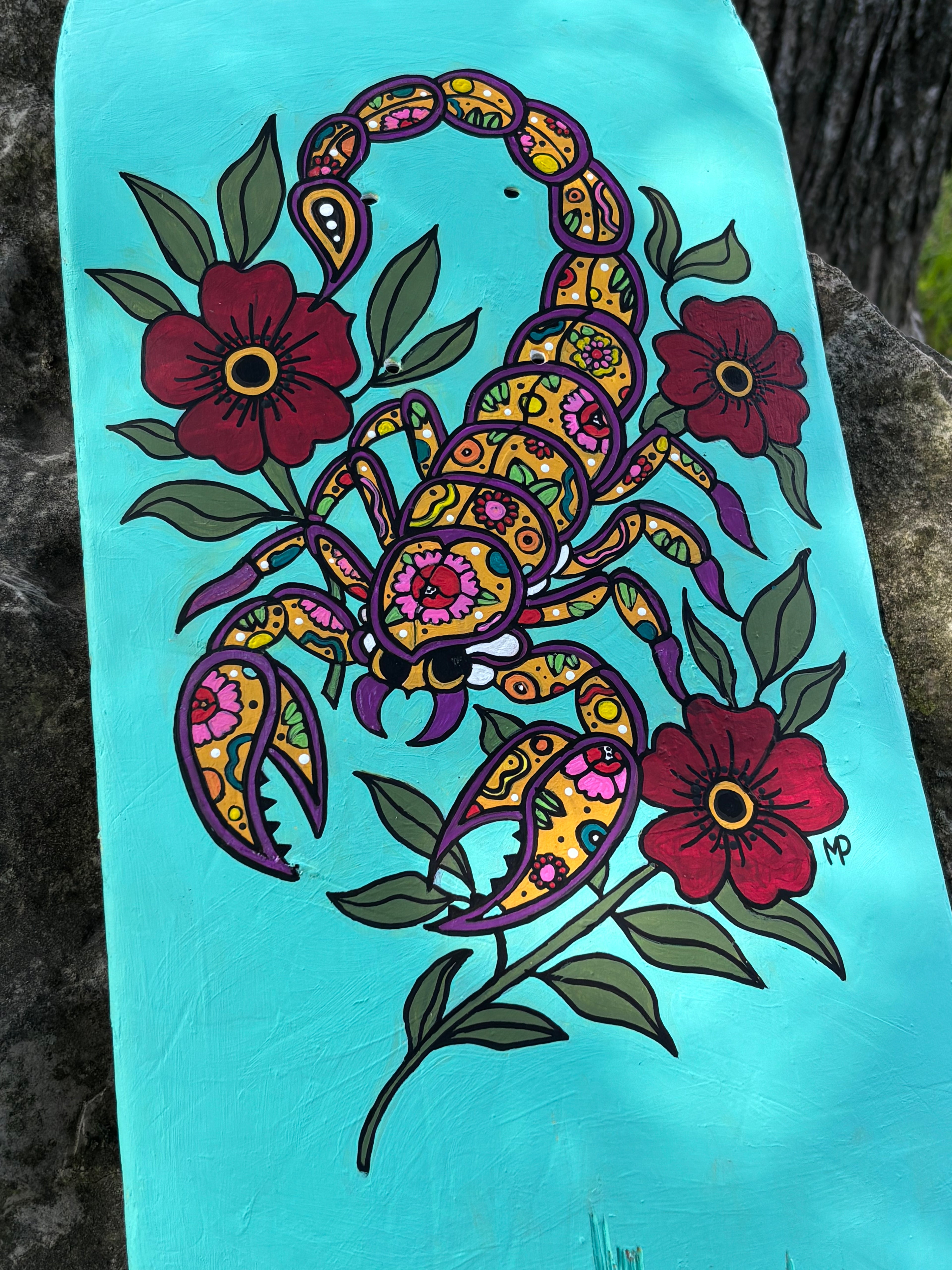 Neon Scorpion Old School American Traditional Broken Skateboard Deck