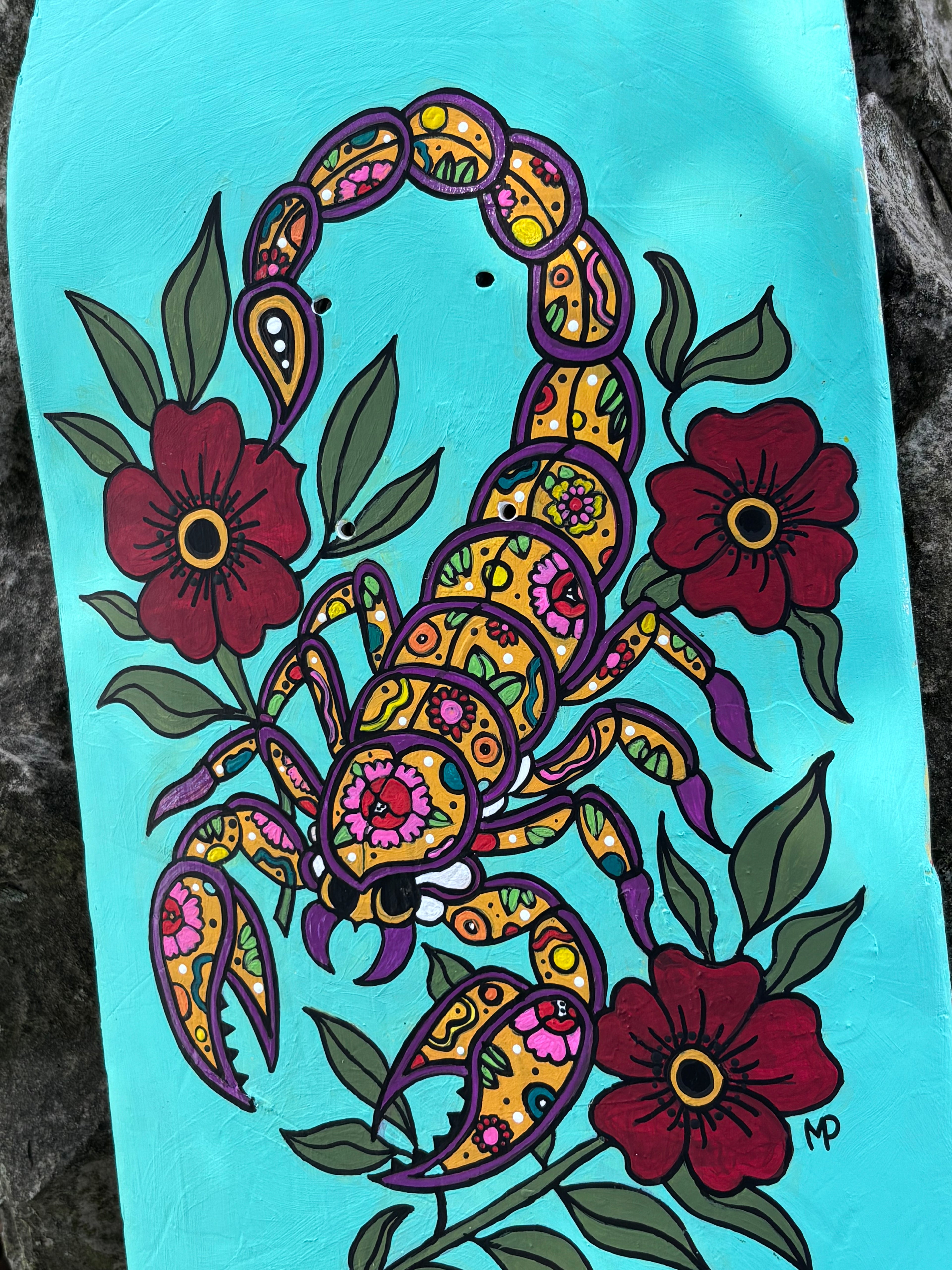 Neon Scorpion Old School American Traditional Broken Skateboard Deck