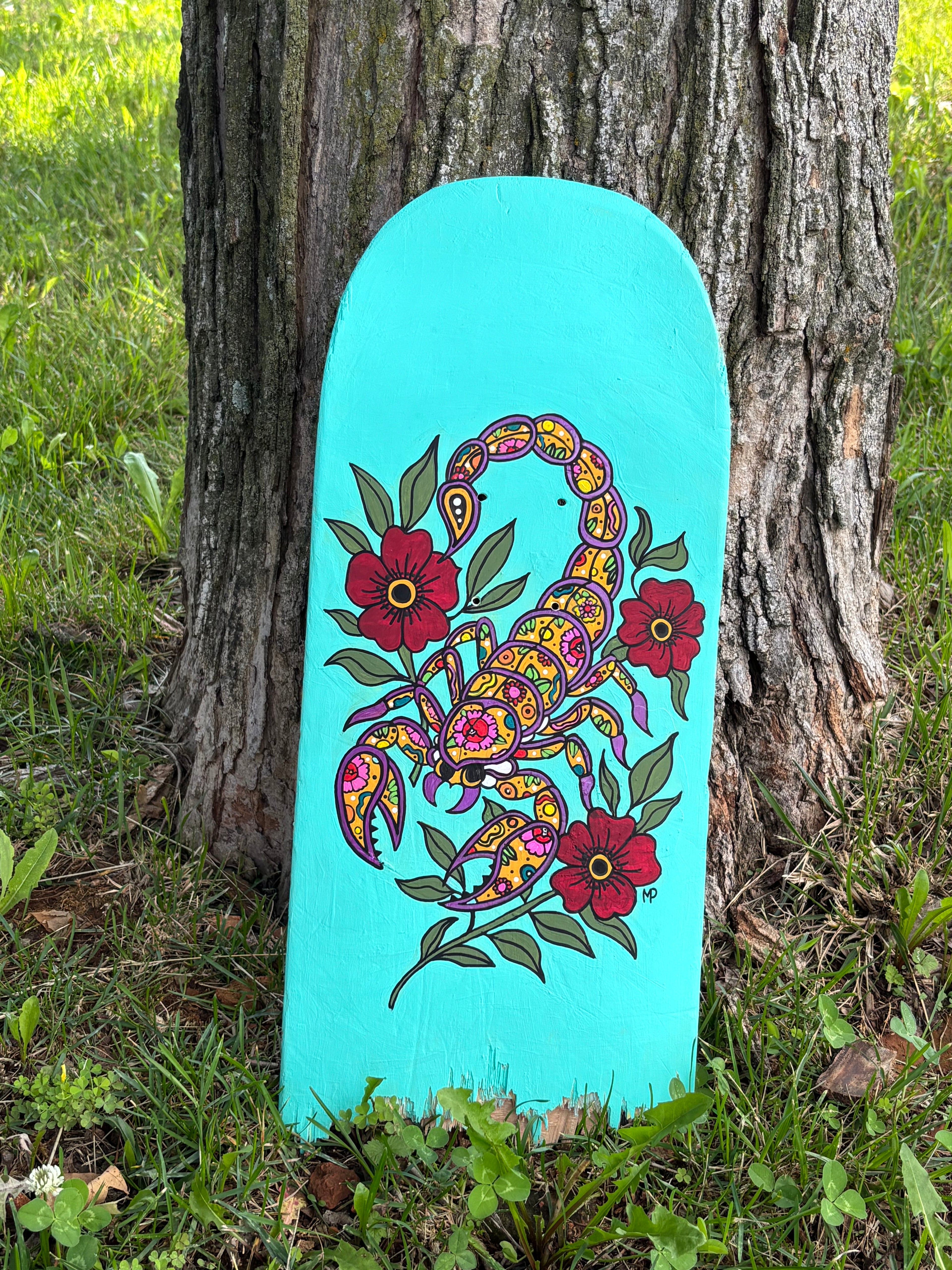 Neon Scorpion Old School American Traditional Broken Skateboard Deck