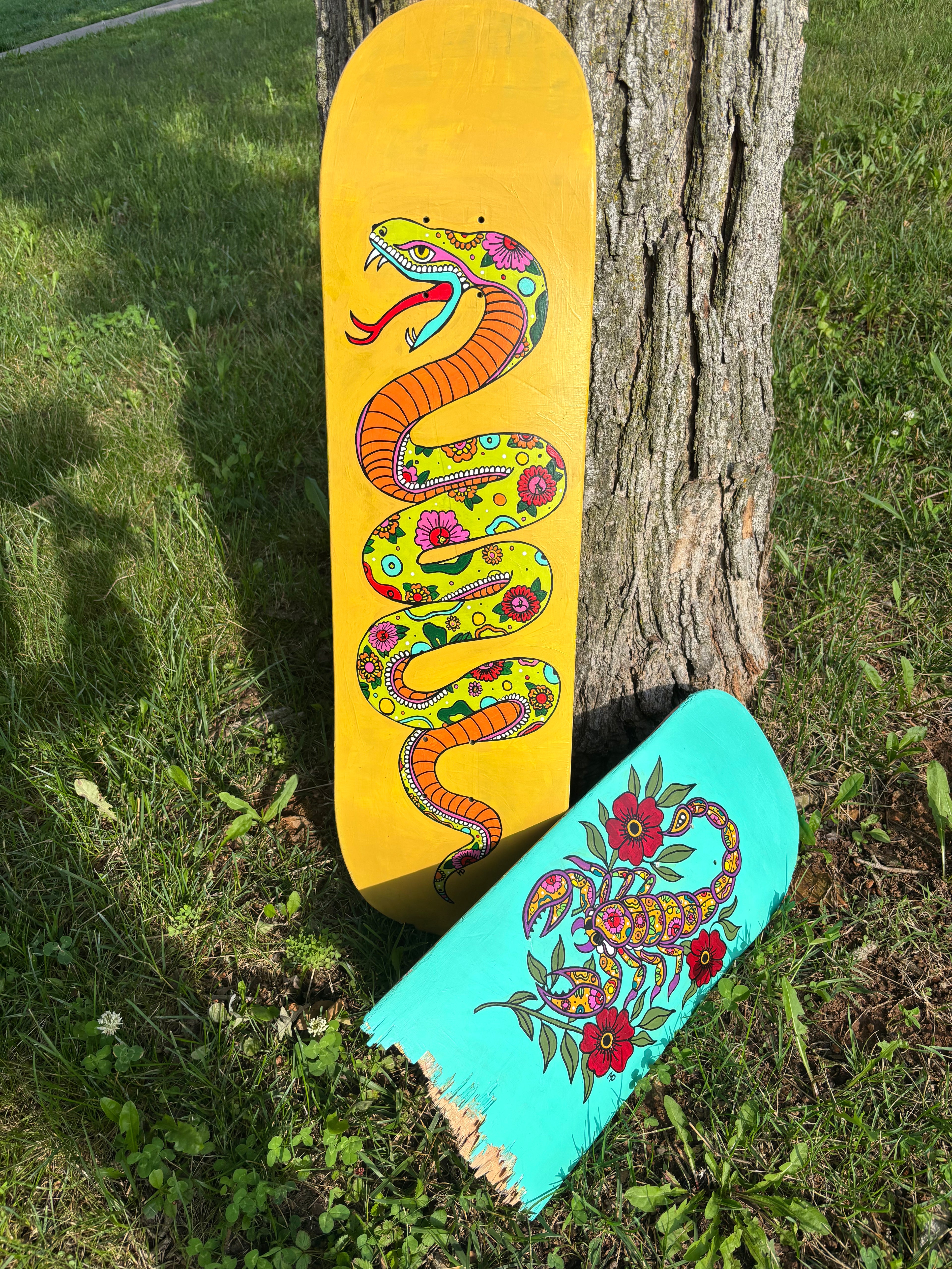 Neon Scorpion Old School American Traditional Broken Skateboard Deck